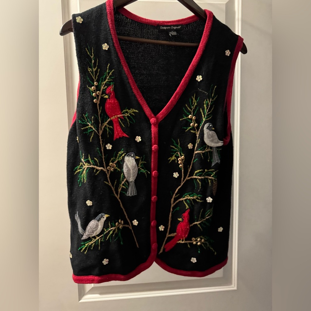 Designers originals vintage Embroidered Black Vest with Red Trim